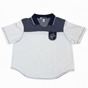 Y2K White Navy Embroidered Pocket Polo Stretch Knit Button Up Shirt XL